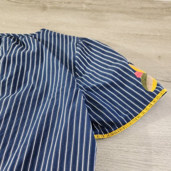Madewell Navy Embroidered Floral Stripe Short Sleeve Boho Blouse Womens XSS - Picture 13 of 16